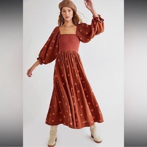 Free People Brown Dahlia elastic embroidered Floral Maxi Dress. (Terracotta) XS